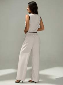 SHEIN PETITE 2pcs/Set Women Contrast Binding Knotted Sleeveless Top And Pocket Decorated Long Pants,Business Casual Woman,Summer Sets - Apricot - View 2