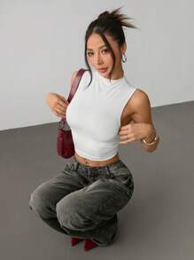 SHEIN PETITE Women's Solid Color Stand Collar Crop Fit Casual Top White - White - View 6