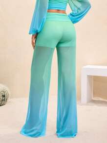 BY FELIZIA Women's Blue Green Gradient Printed Mesh Pleated Wide Belt Starfish Flared Leg Pants Beach Holiday Women Summer Clothes Casual - Multicolor - View 2