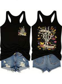 SHEIN LUNE Áo ba lỗ in họa tiết hoa và xương tối giản cho lễ hội âm nhạc cỡ lớn, phù hợp cho mùa hè, buổi hòa nhạc - màu đen - Xem 4