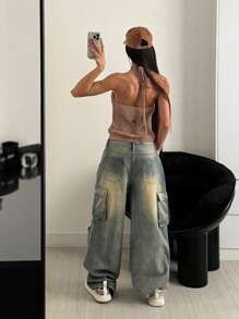 StreetHx 街头服饰女士纯色镂空破洞无袖休闲针织短款上衣，适合春夏季 - 咖啡棕 - 查看 2