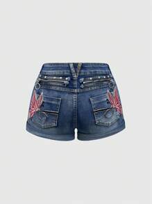 ROMWE Fairycore Y2K 时尚修身蝴蝶刺绣做旧低腰牛仔短裤