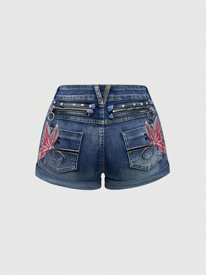 Fairycore Y2K Chic Fitted Butterfly Embroidered Distressed Low Rise Denim Shorts