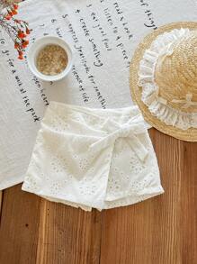 SHEIN LMoss Kids Babygirl 可爱花卉刺绣松紧腰休闲短裤，夏季百搭 - 白色 - 查看 6