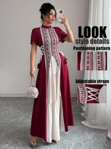 Rafferiza Women's Elegant Patchwork Floral Belted Waist Cinch Midi Dress - Burgundy - View 2