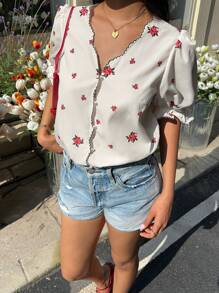 SHEIN Frenchy Women's Summer Vintage Off-White Floral Print Elegant Shirt,Tea Party Vacation Wave Trim Embroidery Bubble Sleeve Faux Pearl Button Loose Fit Tops - White - View 3