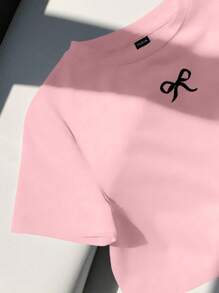 SHEIN EZwear 女士休闲简约蝴蝶结装饰可爱图案圆领短袖短款修身 T 恤，上衣适合夏季 - 淺粉色 - 查看 4