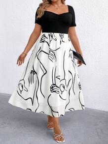 SHEIN Clasi Women's V-Neck Ruffle Sleeve Patchwork Hem Geometric Chiffon Print Dress - Black - View 6