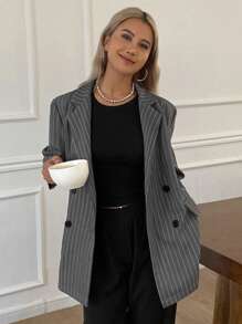 DAZY Blazer holgado de manga corta con bolsillo a rayas para mujer en verano