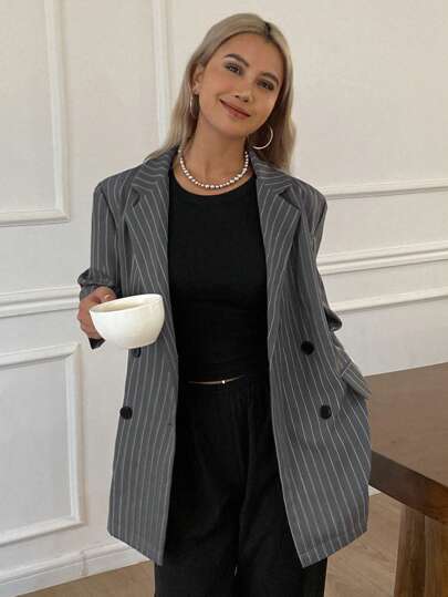 DAZY 女士条纹宽松短袖口袋西装外套，夏季工作装，商务休闲装