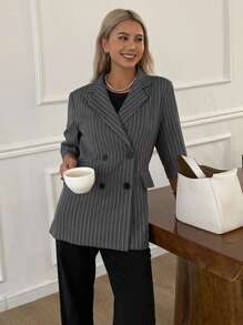 DAZY Blazer holgado de manga corta con bolsillo a rayas para mujer en verano