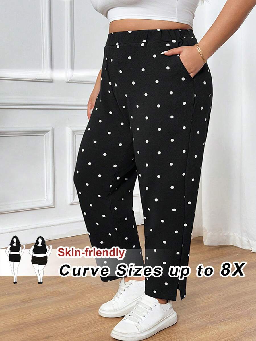 SHEIN CURVE+ 大码女式波尔卡圆点印花休闲裤，带口袋和侧开衩，度假新年女式冬季情人节商务休闲女式飘逸裤，女式夏季，波尔卡圆点 - 黑與白 - 查看 1