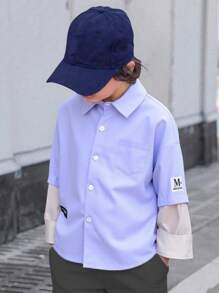 SHEIN Young Boy Casual 2 In 1 Long Sleeve Shirt, Simple And Loose Lapel, Sleeves With Exquisite Label, Fashionable Casual Wear For Daily Outing, Parties, Holidays, And School Plain Shirt For Kidsboys Shirt Setpocket Teen Boys Sets