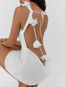 Aloruh 女士新款缎面纯白色露肩露背花卉装饰鸡尾酒会礼服，优雅性感中长连衣裙，适合约会、派对、婚礼、春夏舞会礼服婚礼宾客礼服女士夏季连衣裙