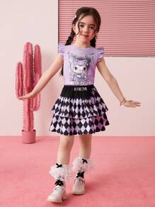 HELLO KITTY AND FRIENDS | SHEIN 少女卡通印花紫色盖袖可爱甜美盖袖T恤和黑紫色格子校裙两件套