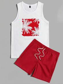 Manfinity VCAY 2pcs Men's Casual Palm Tree Print Knit Sleeveless Tank Top And Drawstring Waist Straight Fit Shorts Set, Suitable For Vacation - Red - View 3