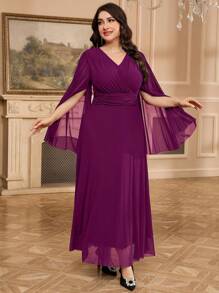 Modelyn Abito elegante midi con scollo a V e maniche spaccate, di colore viola per taglie forti - Viola rosso - Visualizzare 4