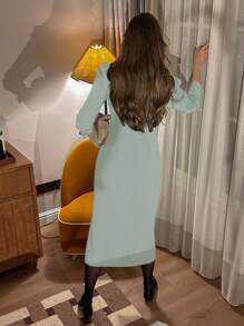 Chiquease 女士优雅修身连衣裙，黑色，长袖，花卉蕾丝花边，金色纽扣装饰，弹性柔软面料，春/秋 - 薄荷綠 - 查看 2