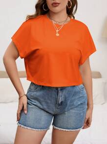 SHEIN Essnce Áo thun ngắn tay cánh dơi cổ tròn màu trơn cỡ lớn cho nữ - trái cam - Xem 3