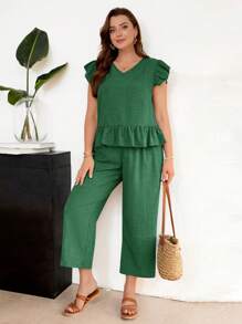 SHEIN Frenchy Plus Size Women Solid Color Ruffle Sleeve Shirt And Pants 2 Pieces Set, Casual