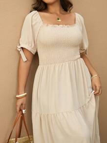 Elaquor Plus Size Solid Color Short Sleeve Long Dress, Casual Holiday Wear - Apricot - View 1
