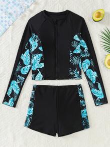 SHEIN 少女黑色拉链插肩袖热带植物印花上衣短裤泳衣套装，沙滩装泳衣夏季，冲浪