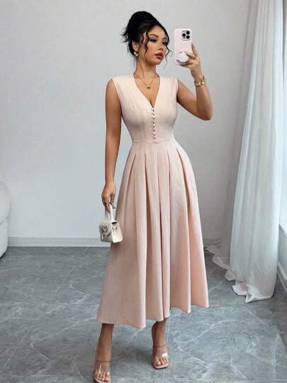 Selianne Elegant Sexy Button Front Bodycon Midi Dress, Sleeveless