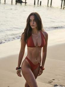 Aralina Vacation Boho Halter Ring Detail Thong Two Pieces Bikini Set With Swim Bag For Summer - Red - View 1