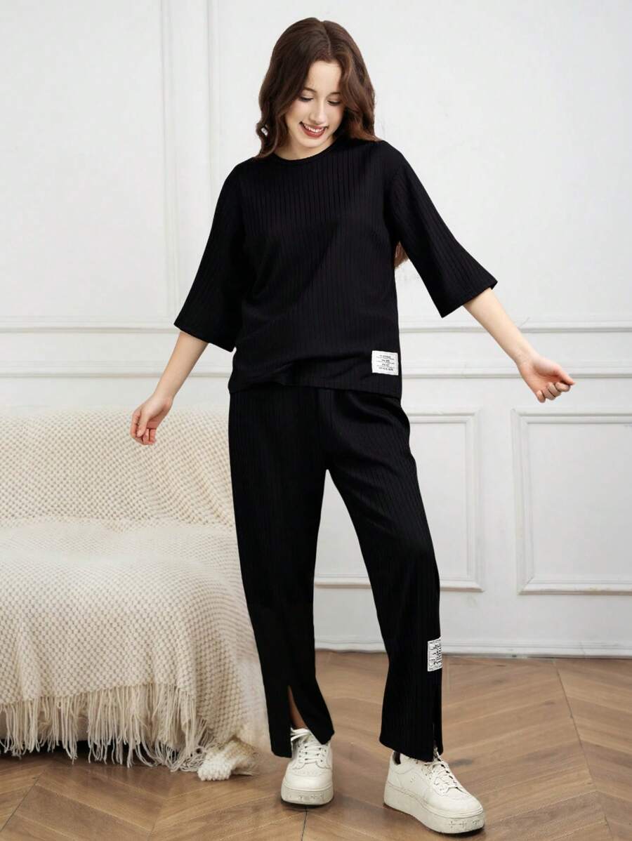 2pcs/Set Teen Girl Casual Ribbed Round Neck 3/4 Sleeve T-Shirt And Skinny Long Pants With Leg Slit, Suitable For Leisure And Home, Spring/Summer,Holiday,Summer,Travel