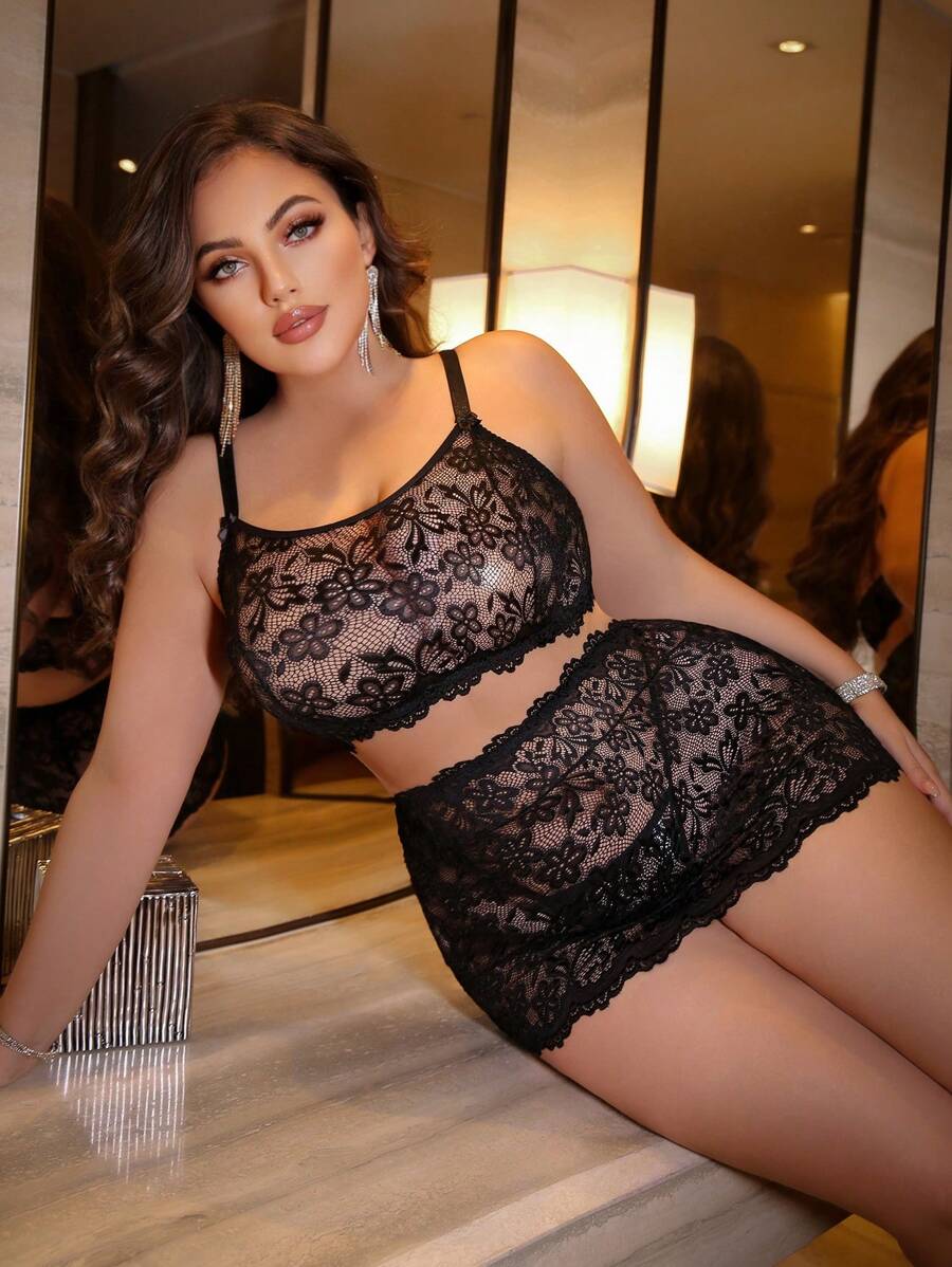 3 件大码蕾丝无线性感内衣套装 - 黑色 - 查看 1