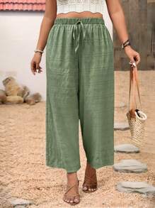 SHEIN Frenchy Plus Size Women's Solid Color Tie-Waist Wide Leg Loose Pants