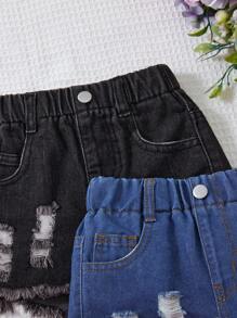 SHEIN Vintaside Kids 女婴纯色破洞下摆口袋休闲牛仔短裤 - 彩色 - 查看 4