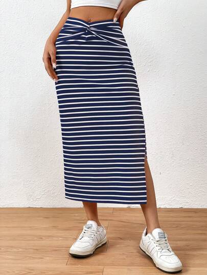 EMERY ROSE Summer Casual Striped Twist Slit Mid-Length Skirt