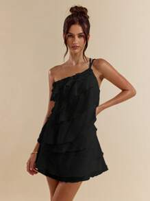 SHEIN BAE Váy ngắn lá sen xếp lớp màu mơ đơn sắc cho kỳ nghỉ hè trên bãi biển, phù hợp cho hẹn hò hàng ngày, đi chơi đêm, hộp đêm, tiệc tùng, tụ tập, tiệc cocktail, tiệc hồ bơi, quần áo mùa tựu trường, váy mùa đi học, váy ngày lễ, quần áo lễ hội âm nhạc, quần áo lễ hội nhạc đồng quê, quần áo hòa nhạc - màu đen - Xem 7