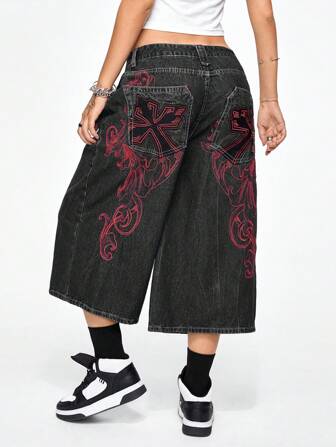 Grunge Punk Kpop Jeans mit niedriger Taille, weitem Schnitt, Vintage-Stil, Stickerei mit Ranken und Kreuz, 7/8 Länge