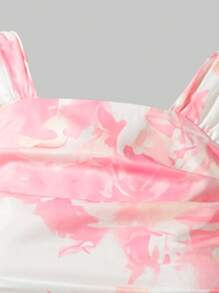 女童两件套花卉印花露背上衣和裙子套装，度假乡村甜美风格 - 粉色 - 查看 6