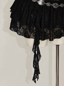 SHEIN ICON Plus Size Round Neck Lace Strap Dress, Double Layer Ruffle Hem Strap Dress, For Music Festival - Black - View 7