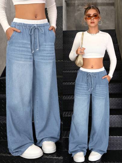 SHEIN Teenager Mädchen Y2K Herbst blaue & weiße lässige gestreifte weite Bootcut Jeans Hose, mit kontrastierendem Bund und 2 in 1 Design