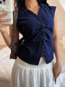 SHEIN ICON Blusa vaquera sin mangas para mujer, de estilo casual y ajustada, en color azul