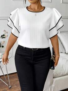 Elenzga Plus Size Black & White Contrasting Ruffle Trim Short Sleeve Blouse - White - View 5