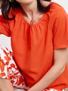 Miaspire Solid Blouse & Slant Pocket Plants Print Trousers - Multicolor - View 4