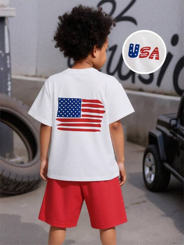 SHEIN Set 2 tricou casual cu imprimeu grafic și steagul american pentru băieți, ținută versatilă de zi cu zi, potrivită pentru 4-7 ani, primăvară/vară, potrivită pentru 4 iulie, Ziua Independenței, activități în aer liber, ședință foto, vacanță