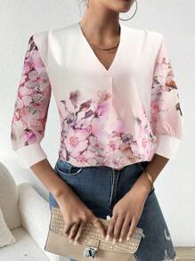 Chiquease Women's Elegant Floral Print Blouse For Commuting - Baby Pink - View 4