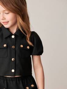 PrepCrw Young Girls' Black Puff Sleeve Shirt & Mini Skirt Set, College Style, Spring/Summer - Black - View 6