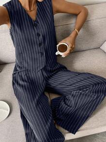 Siren Gaze 女士条纹单排扣背心和裤子两件套休闲套装 - 藏蓝色 - 查看 1