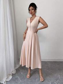 Selianne Elegant Sexy Button Front Bodycon Midi Dress, Sleeveless - Apricot - View 4