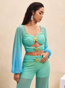 BY FELIZIA 蓝绿渐变印花网纱泡泡袖长袖金色海星褶皱镂空短款度假上衣女上衣 - 彩色 - 查看 6