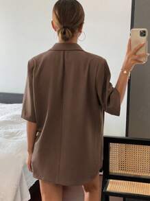 Livesso 女士休闲简约单排扣短袖西装外套商务装 - 咖啡棕 - 查看 2