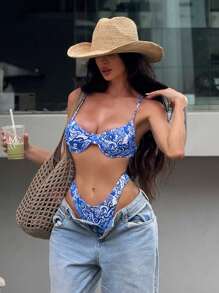 Bonvoyette 2 chiếc đồ bơi bikini in màu xanh nâng ngực, dây đeo có thể điều chỉnh, đồ bơi đi biển cho nữ - Xanh và trắng - Xem 8