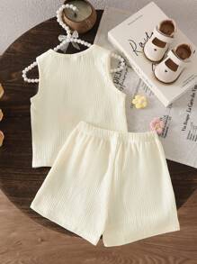 SHEIN 2pcs Young Girls Floral Embroidered Tank Top And Colorful Tassel Shorts Set - Apricot - View 2